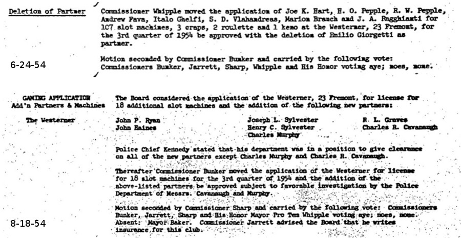 Las Vegas Commissioners Board meeting notes with approvals for new Westerner partners from June 28, 1954 and August 18, 1954 Las Vegas Commissioners Board meeting notes with approvals for new Westerner partners from June 28, 1954 and August 18, 1954