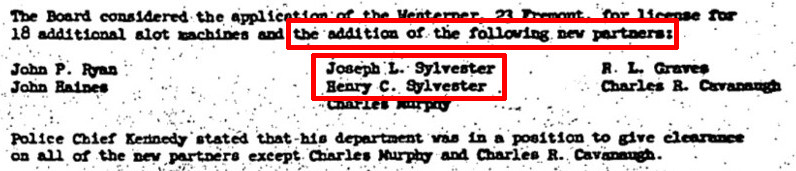 Las Vegas Commissioners Board meeting notes from August 18, 1954, with approvals for new Westerner partners including Joseph L. Sylvester and Henry C. Sylvester